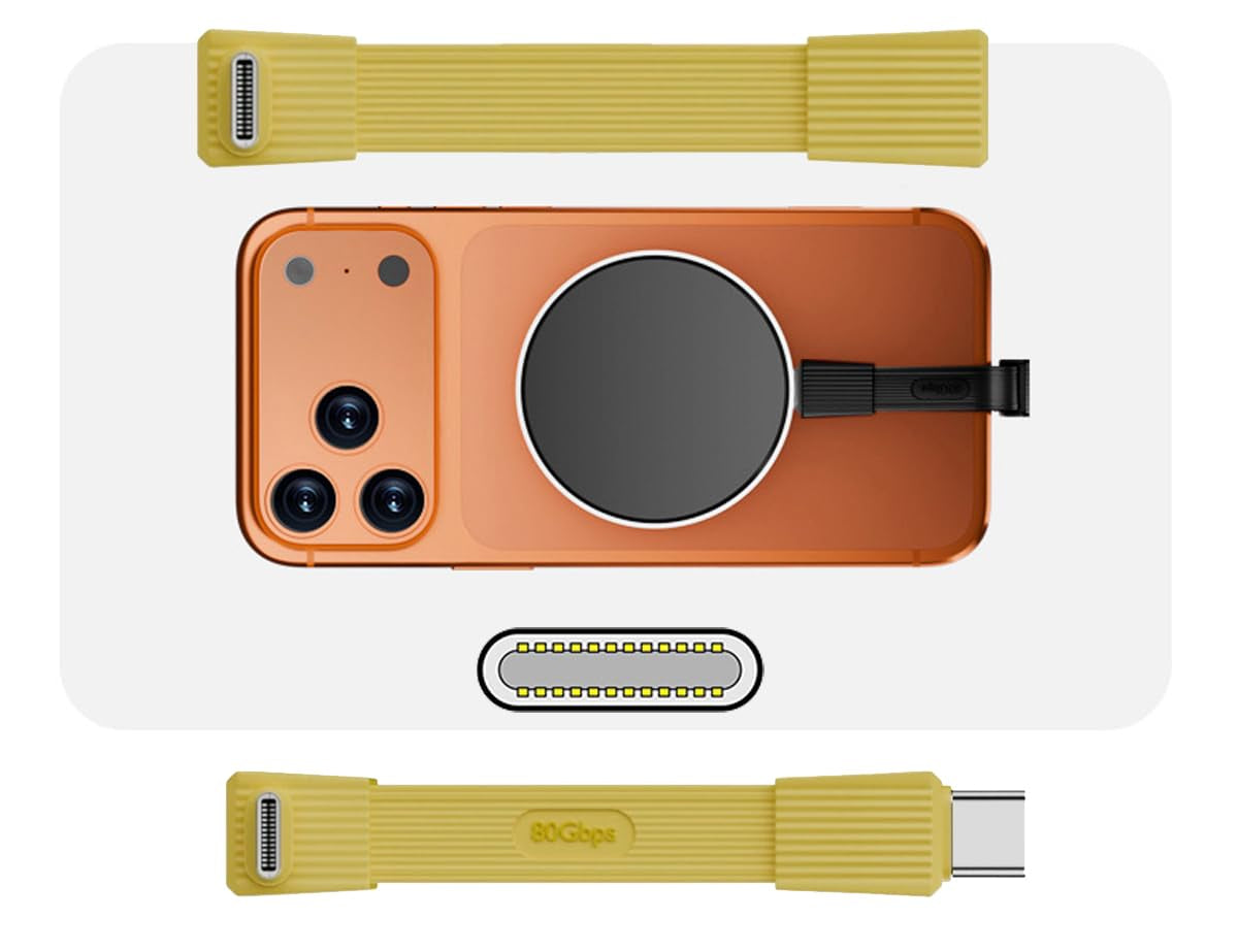 Top-down view of a device with an angled type connector and text explaining its benefits.