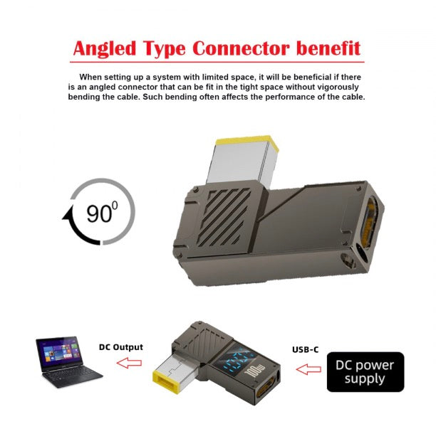 USB C to Lenovo Slim Tip rectangular PD charging adapter converter with 100W display, right angle design