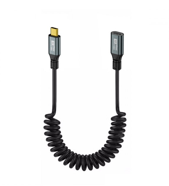 A black USB C male to USB C female coiled cable, with a USB C connector on one end and a USB C female connector on the other.