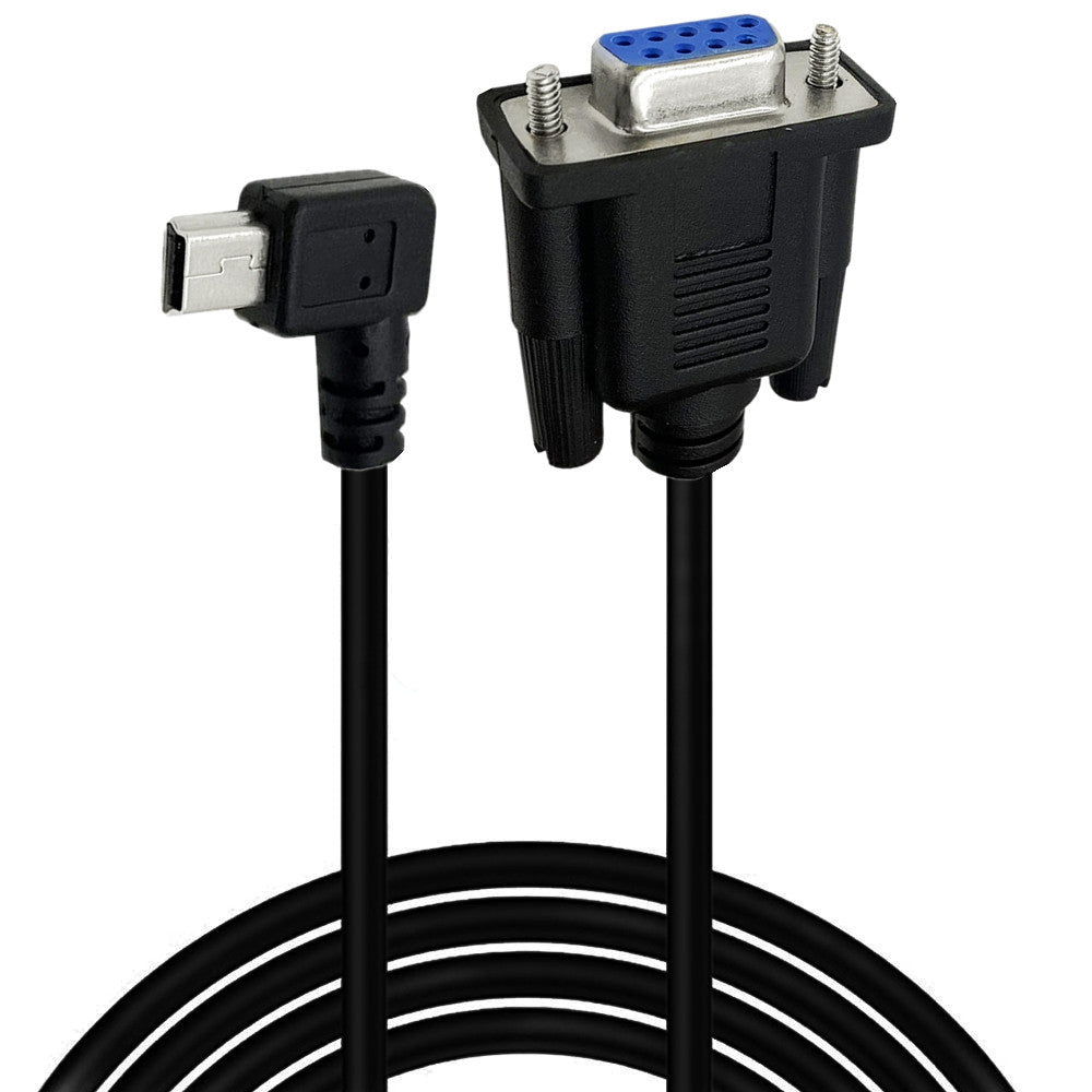 A black USB mini 5 pin male to DB9 RS232 female serial converter cable.
