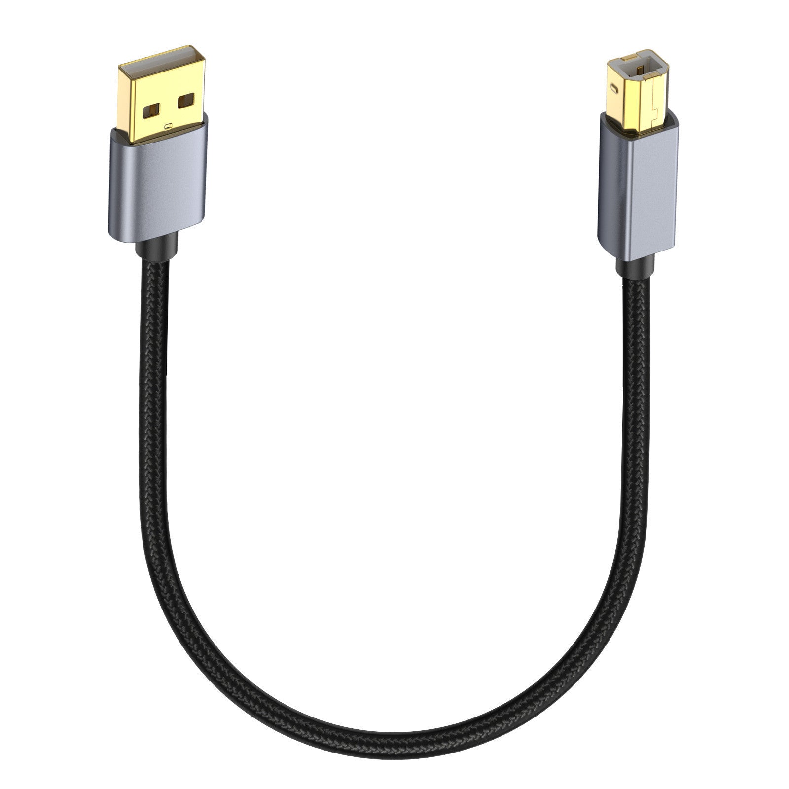 A black USB 2.0 Type A Male to Type B Male scanner cable with gold-plated connectors and a braided design.