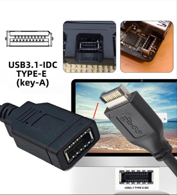 USB 3.1 front panel Key-A Type-E socket to USB 2.0 Type-A male extension cable
