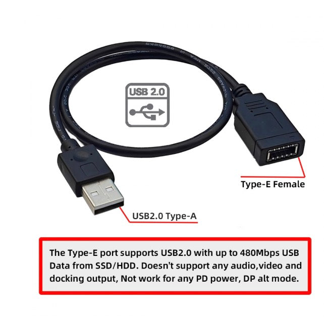 USB 3.1 front panel Key-A Type-E socket to USB 2.0 Type-A male extension cable