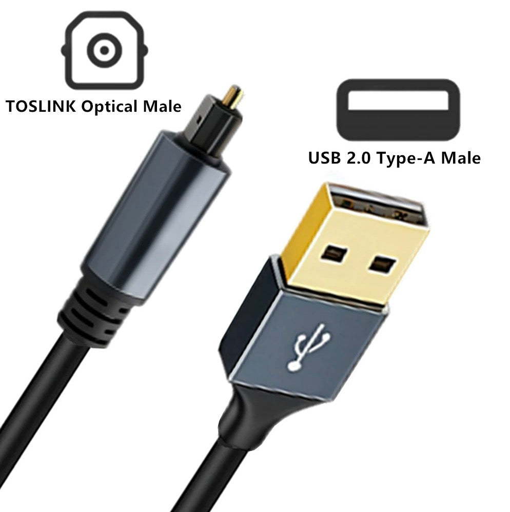 USB cable with Toslink optical male and USB 2.0 Type-A male connectors on a white background.