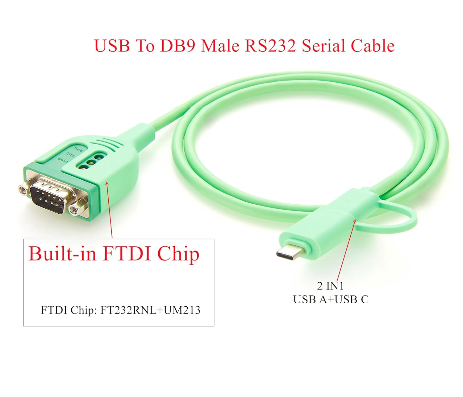 Green USB to DB9 male RS232 serial cable with FTDI chip on a white background