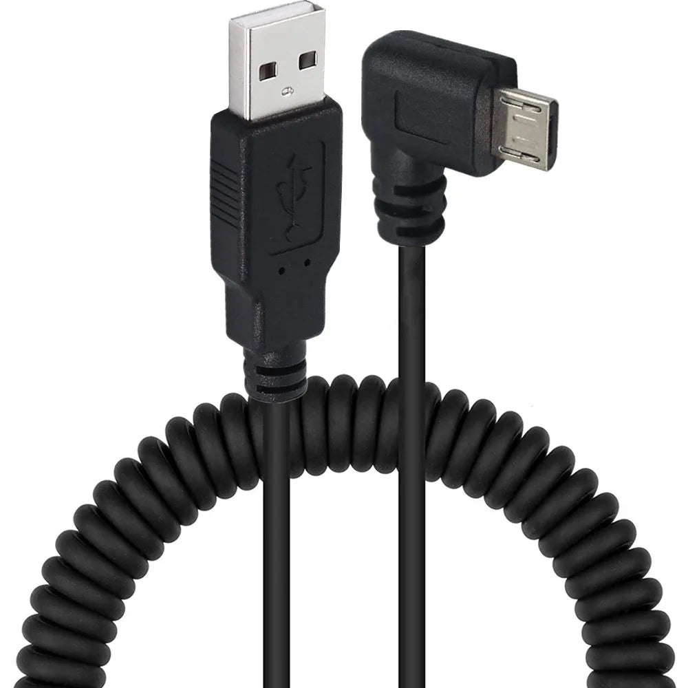 Micro 5Pin Male to USB 2.0 A Male Data Charging Coiled Cable | Right Angle