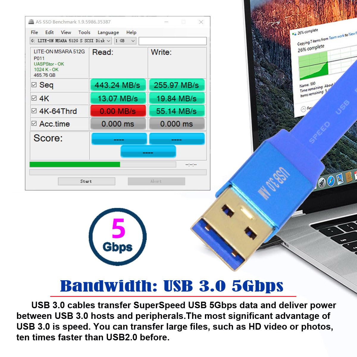 USB 3.0 cable with laptop and benchmark software displaying speed results.