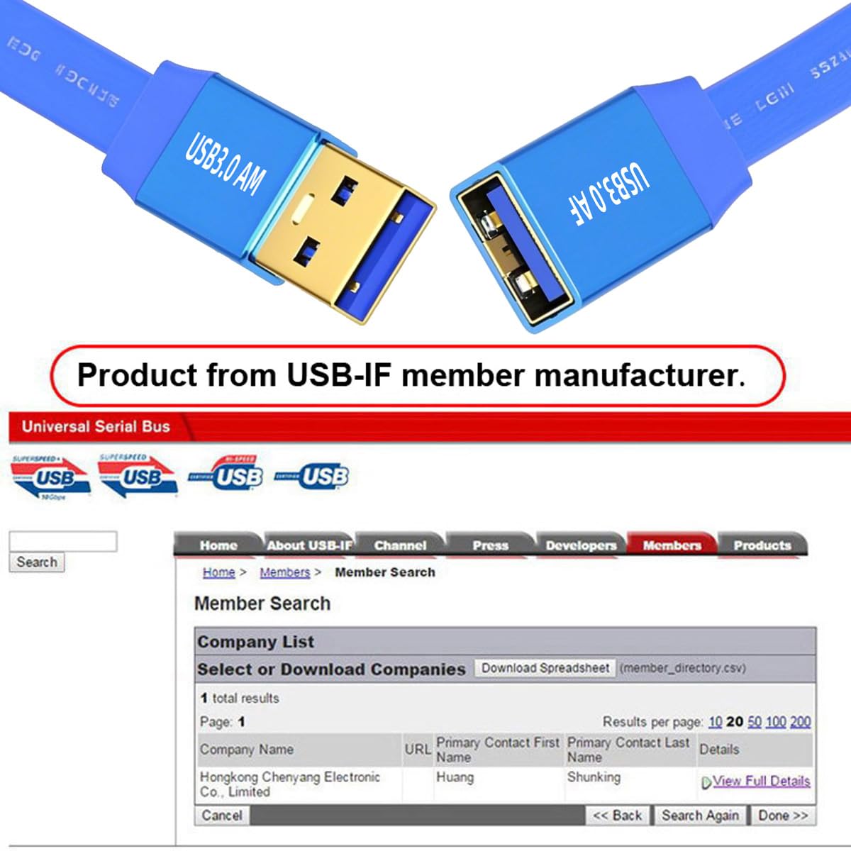 Two USB 3.0 cables with labels on a website page featuring USB-IF branding.