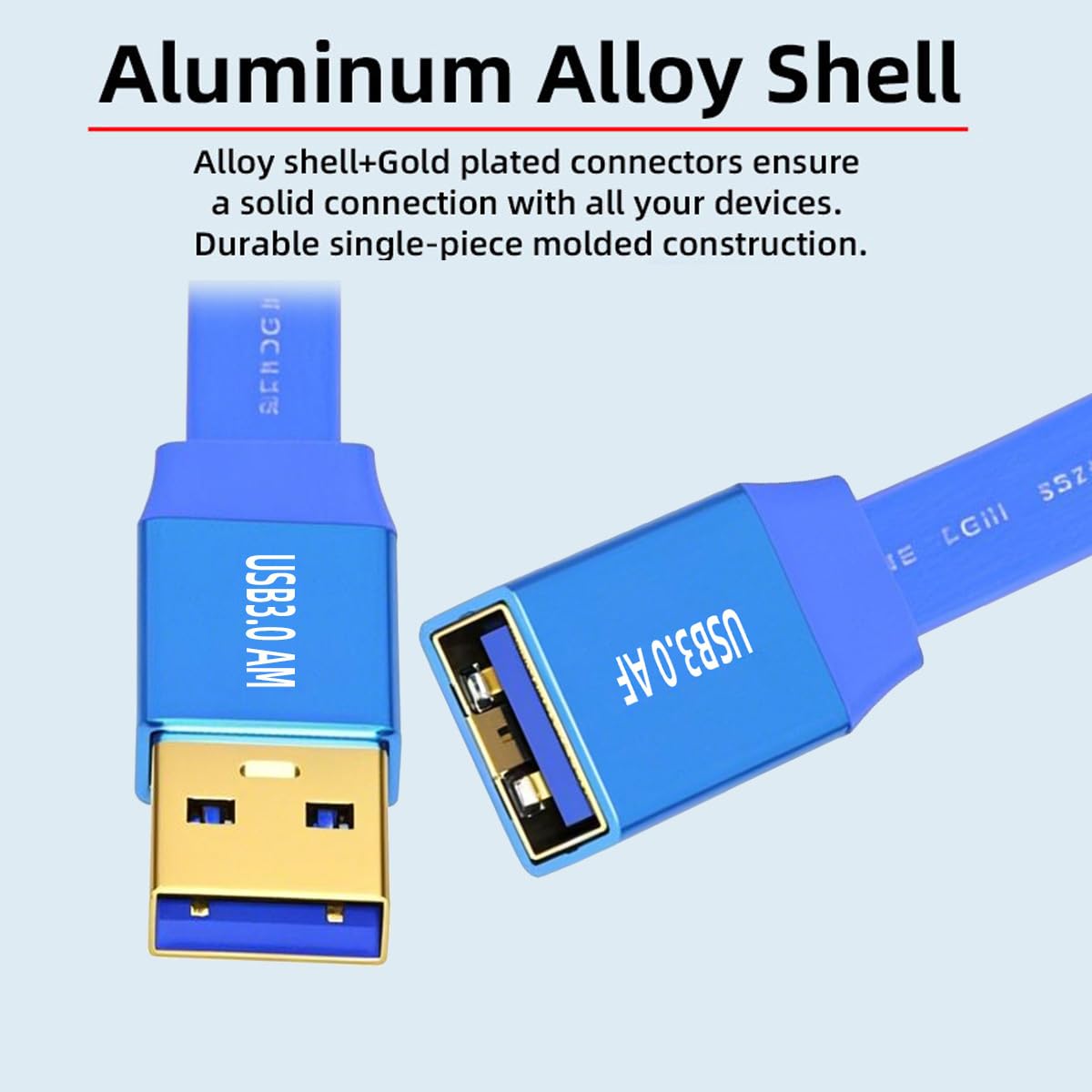 Blue USB cable with gold connectors on a light blue background