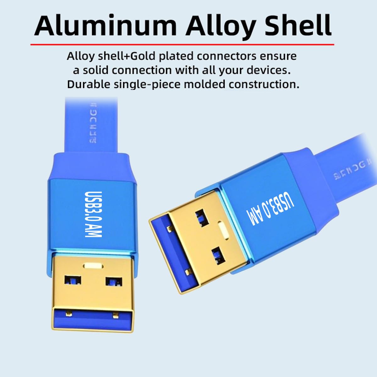 Blue USB cable with gold connectors on a light blue background