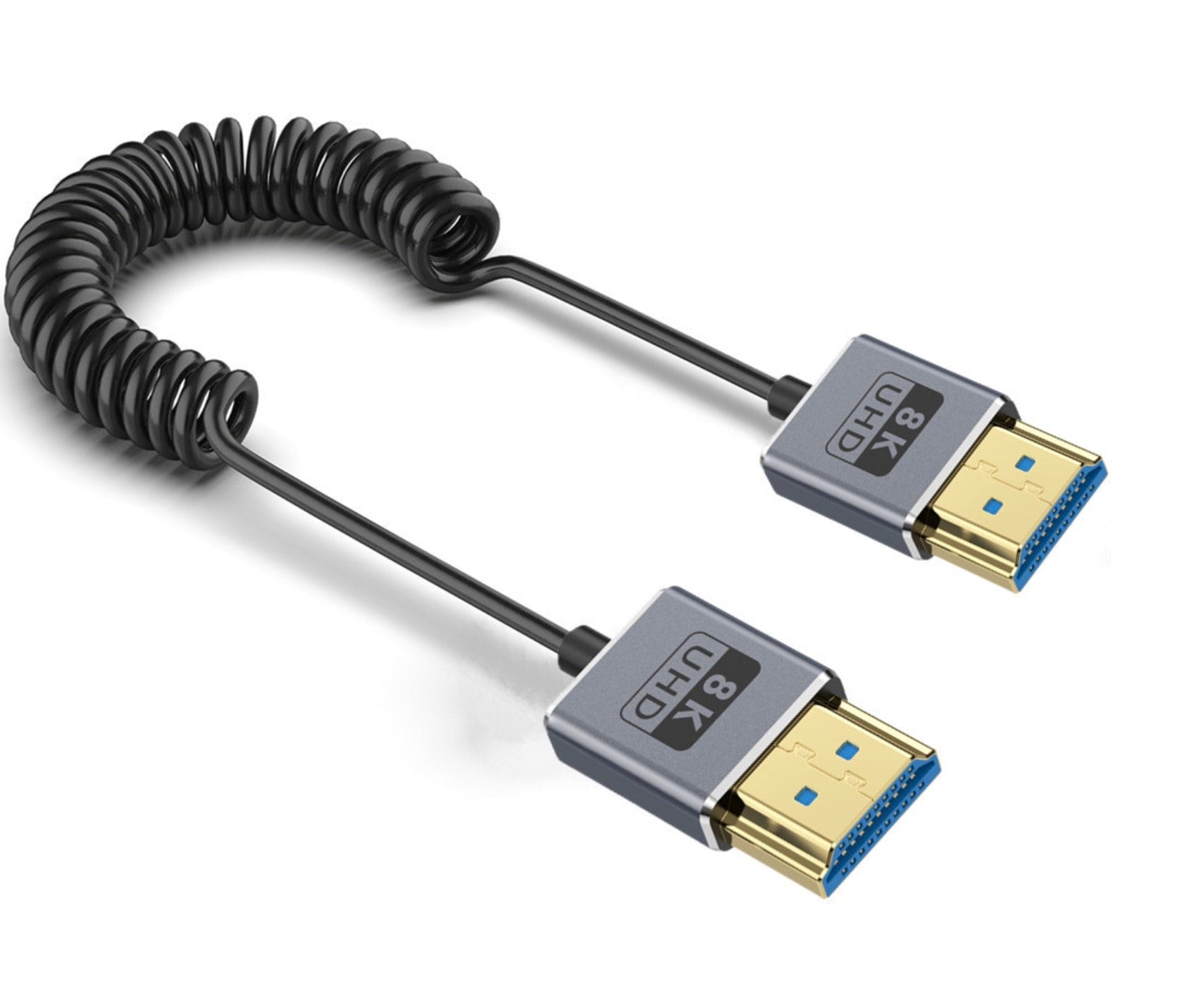 An ultra thin HDMI 2.1 coaxial cable with a male to male connection, featuring a black coiled design and gold HDMI connectors.