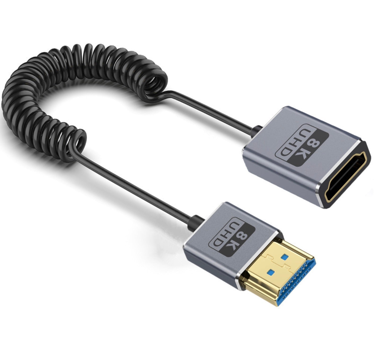 An ultra thin 8K HDMI 2.1 coaxial cable with a male connector on one end and a female connector on the other.