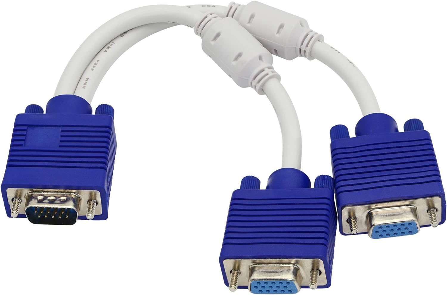 A white VGA 15Pin Male to Dual VGA Female video converter cable splitter with blue connectors on both ends.