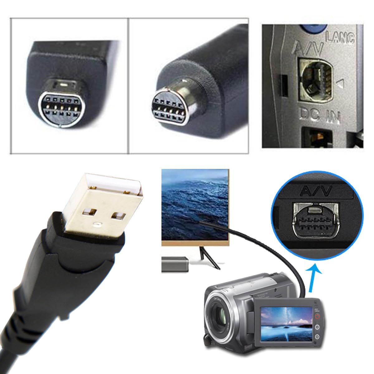 VMC-15FS 10-Pin to USB Data Sync Cable for Sony HandyCam DCR-SX85/SX85E, DCR-SR220/SR220E, DCR-SR290/SR290E