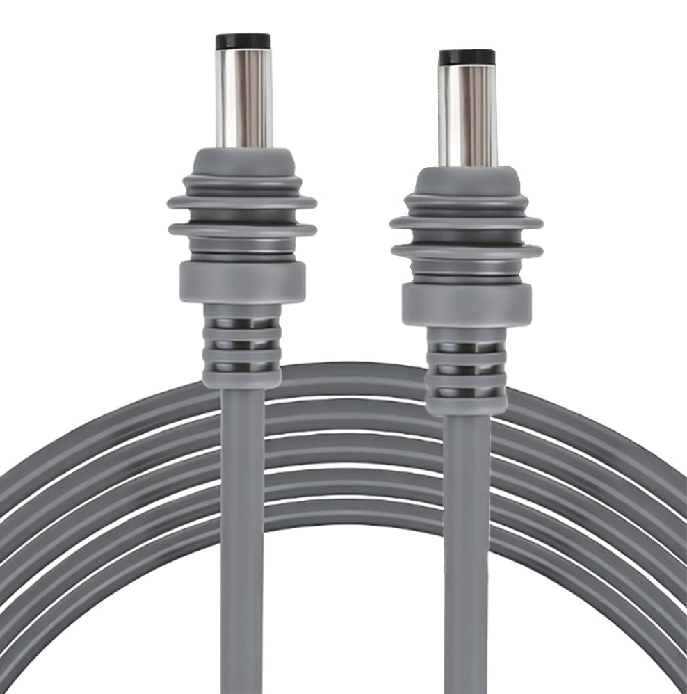 Two gray cables with metal connectors on a white background