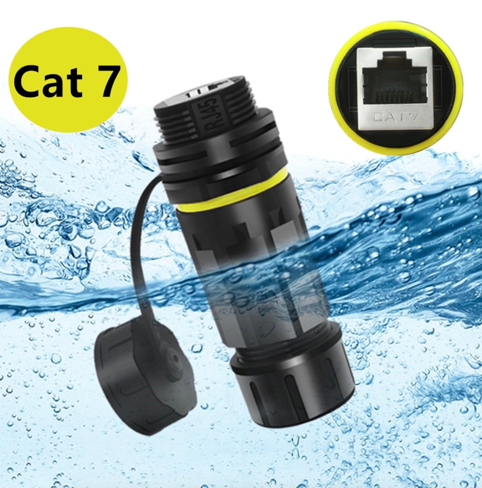 Black Ethernet cable connector with water droplets and Cat 7 label.