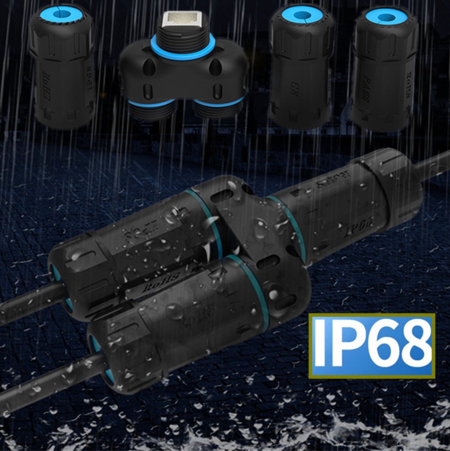 Black waterproof connectors with IP68 rating on a wet surface.