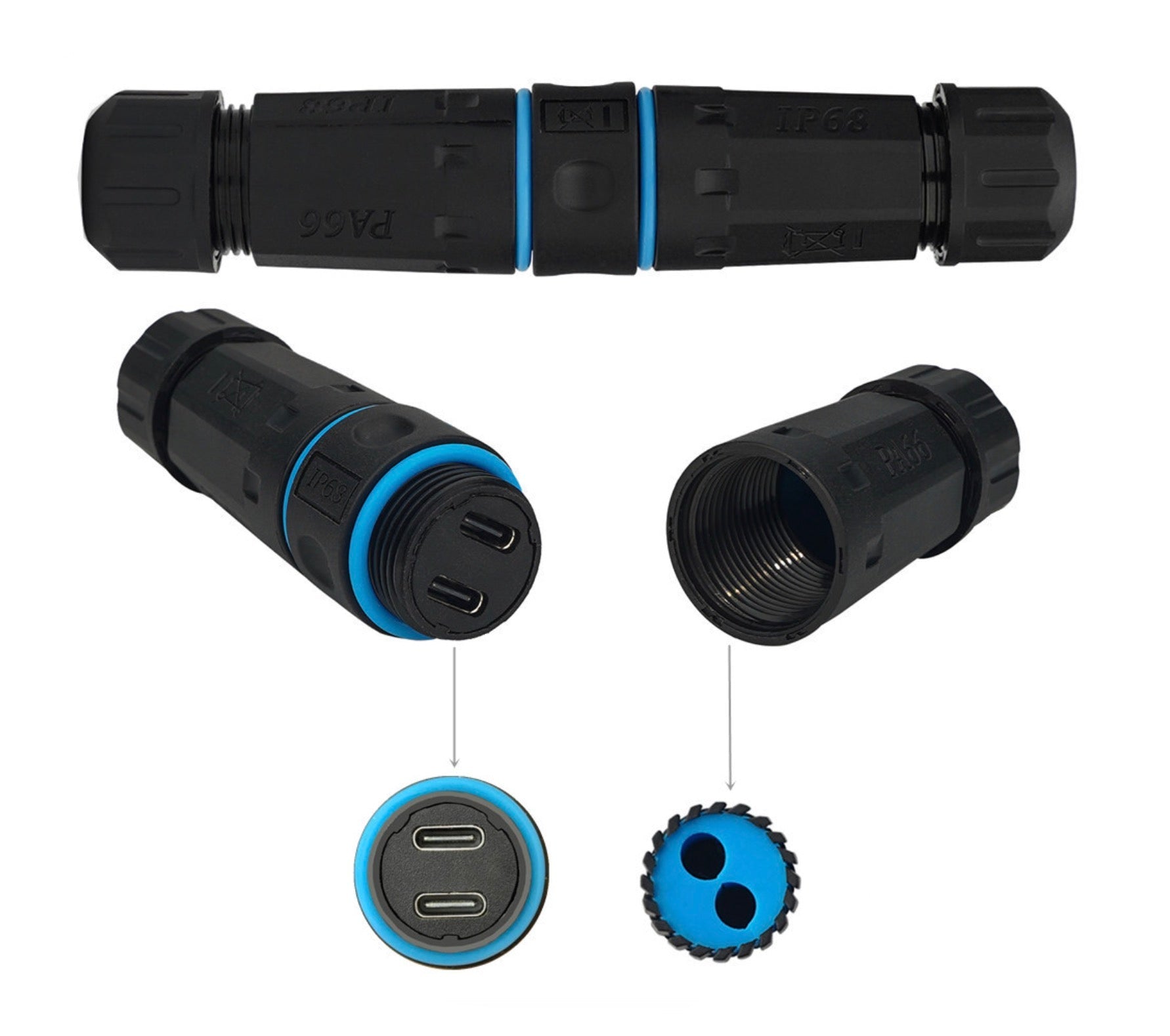 Black and blue connectors on a white background