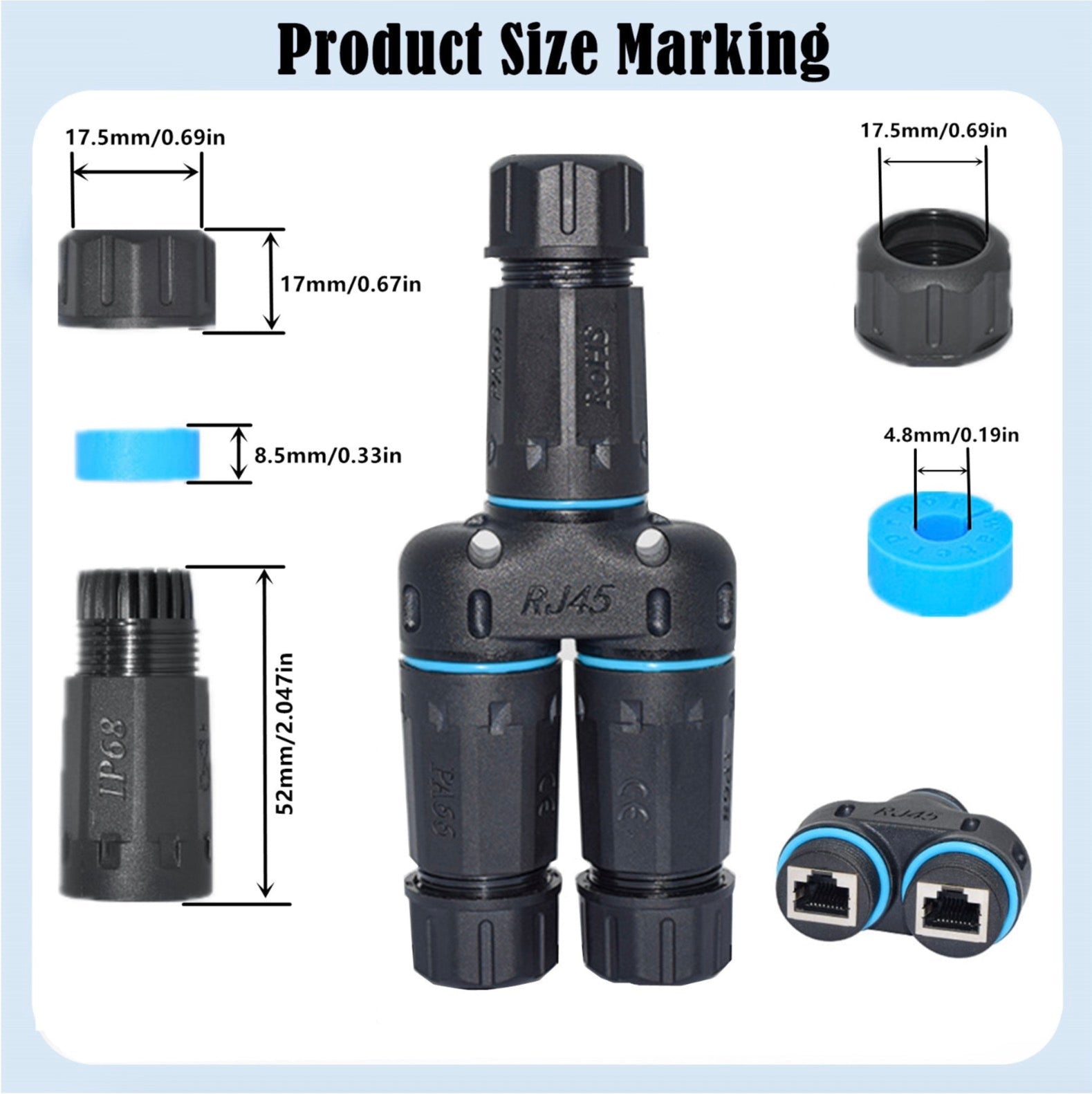Waterproof RJ45 Coupler, Female to Female 1 in 2 Out Splitter IP68 Ethernet Outdoor LAN Connector Cable