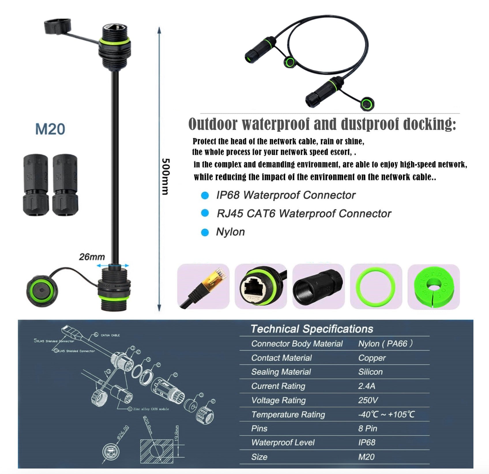 Cat 6 Network Cable, M20 RJ45 Female to Female Waterproof Connector | IP68 8P8C Shield Ethernet Coupler