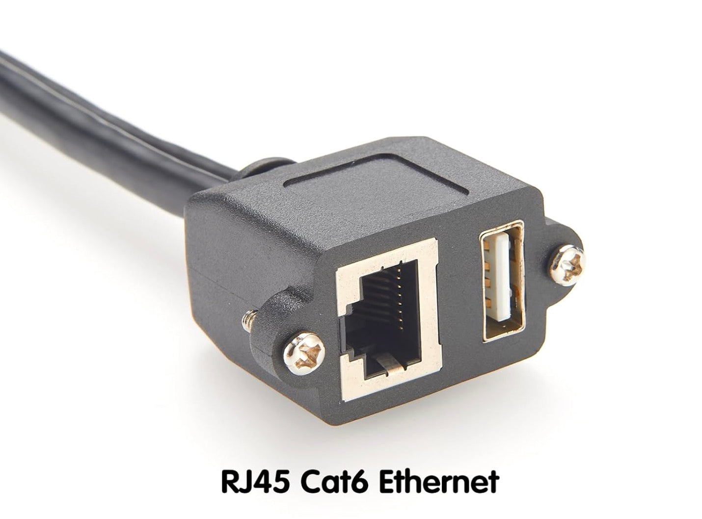 Dual USB 2.0 RJ45 Cat5e Ethernet Combo Extension Cable, 8P8C USB Type-A Male to Female Screw Panel Chassis Feedthrough Cord