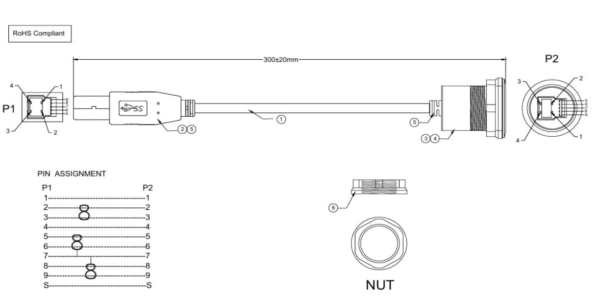 USB Type B 3.0 Flush Mount Printer Cable, Superspeed USB 3.0 B Male to Female Round Dash Mount Extension Cord