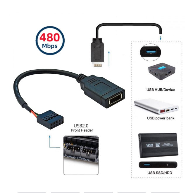 USB 3.1 Front Panel Socket Key-A Type E to USB 2.0 9Pin Mainboard Header Motherboard Extension Cable
