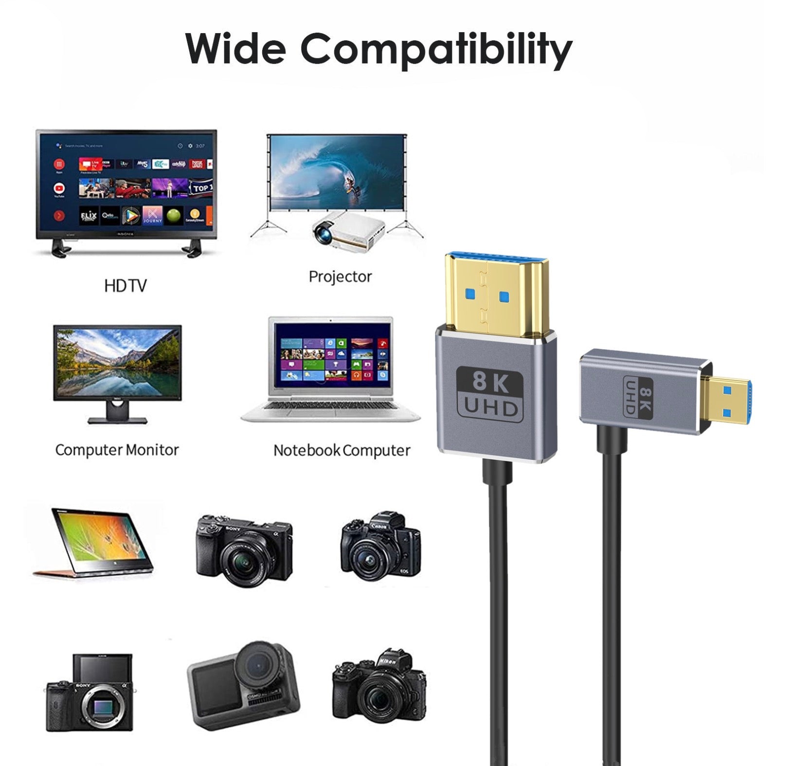 Micro HDMI to HDMI 2.1 Extreme Slim Coaxial Cable, Ultra High Speed OD2.5mm Audio Video Angled Cable | 8K@60Hz