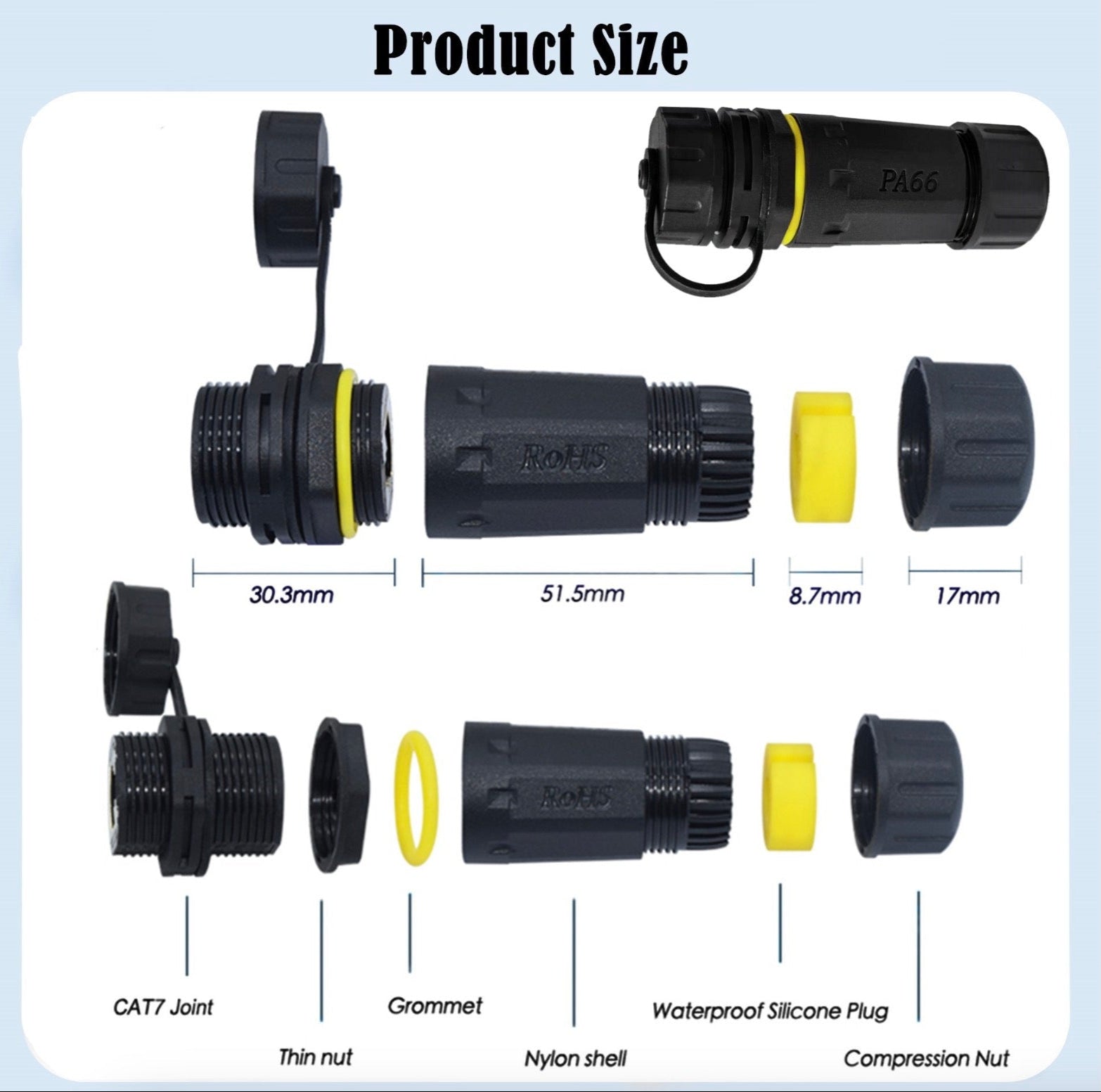 Waterproof CAT7 Adapter, RJ45 Shielded Panel Mount Connector | IP68 Outdoor Ethernet LAN Coupler with Dust Cap