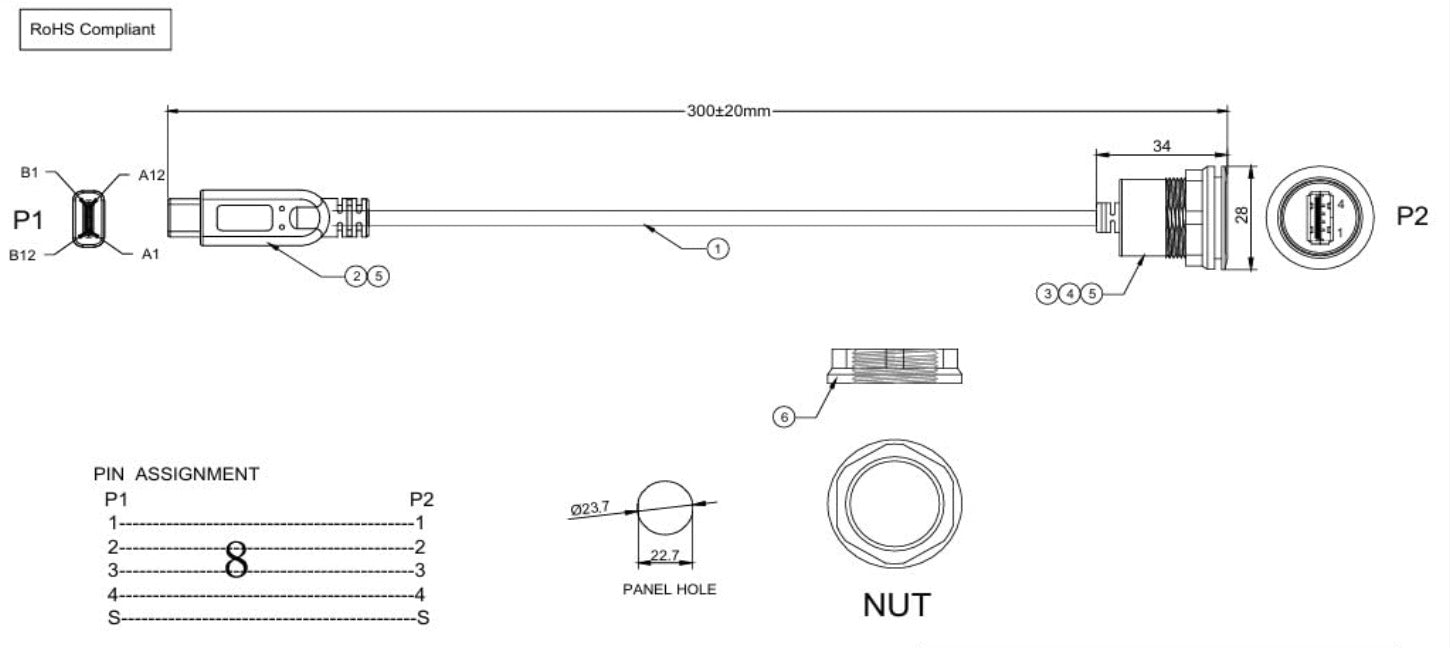 USB C Male to USB 2.0 Type-A Female Flush Panel Mount Cable, Embedded Threaded Fix Extension Cable USB Mounting Socket Converter