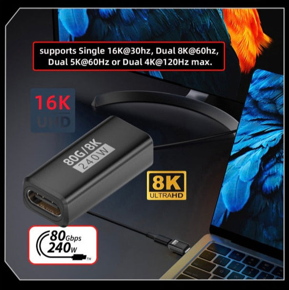 USB C Extension Adapter, Type C Female to Female Data Charging Connector USB 4.0 PD240W 80Gbps