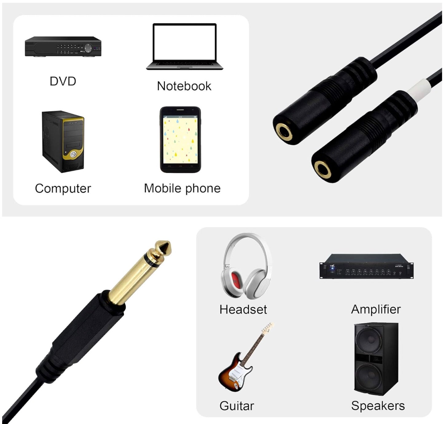 6.35mm 1/4" TRS to 3.5mm 1/8" TRRS Female Stereo Audio Y Splitter Cable