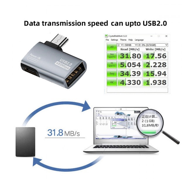 Micro 5Pin Male to USB 2.0 A Female with Micro Female Power OTG Adapter - Left Angle