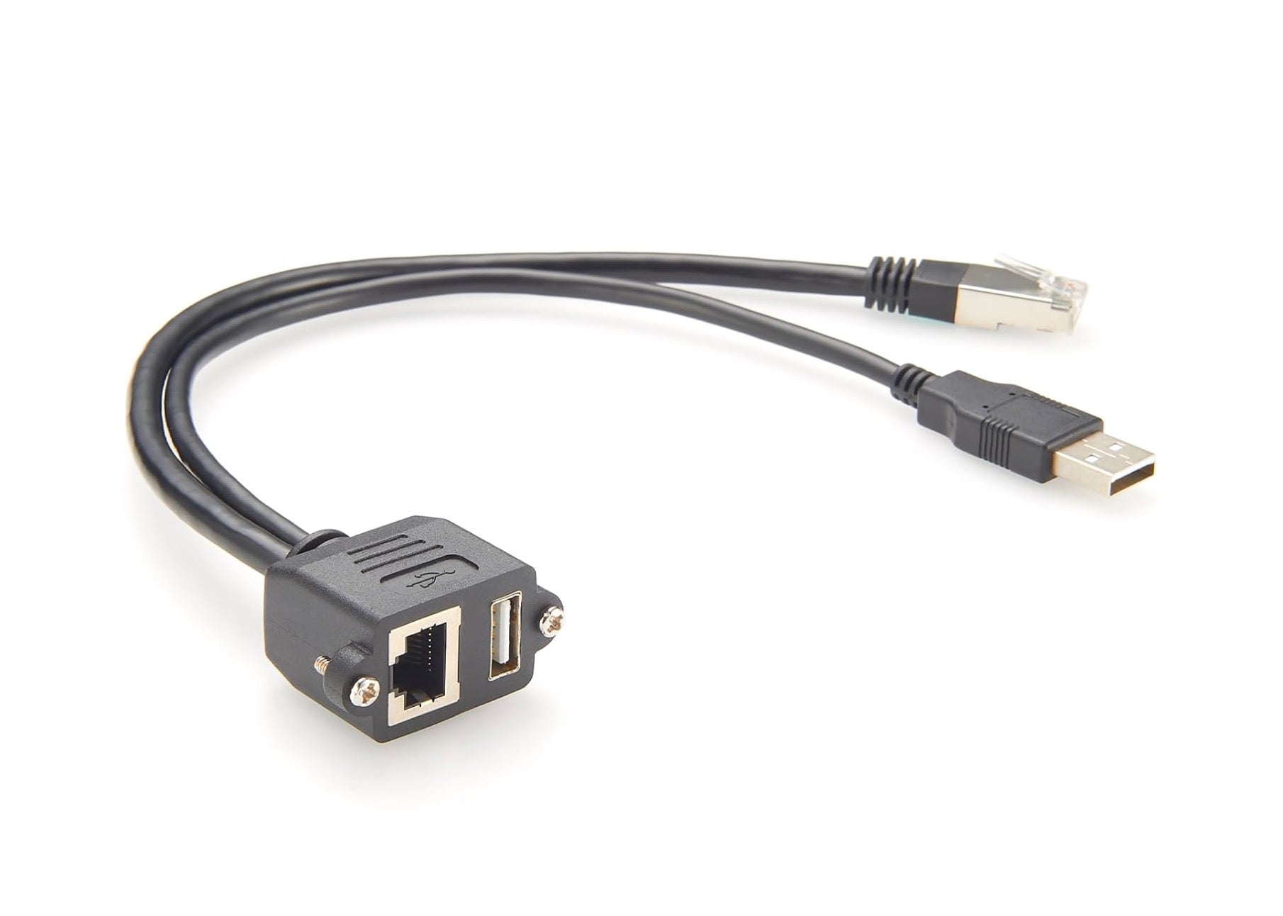 Dual USB 2.0 RJ45 Cat5e Ethernet Combo Extension Cable, 8P8C USB Type-A Male to Female Screw Panel Chassis Feedthrough Cord