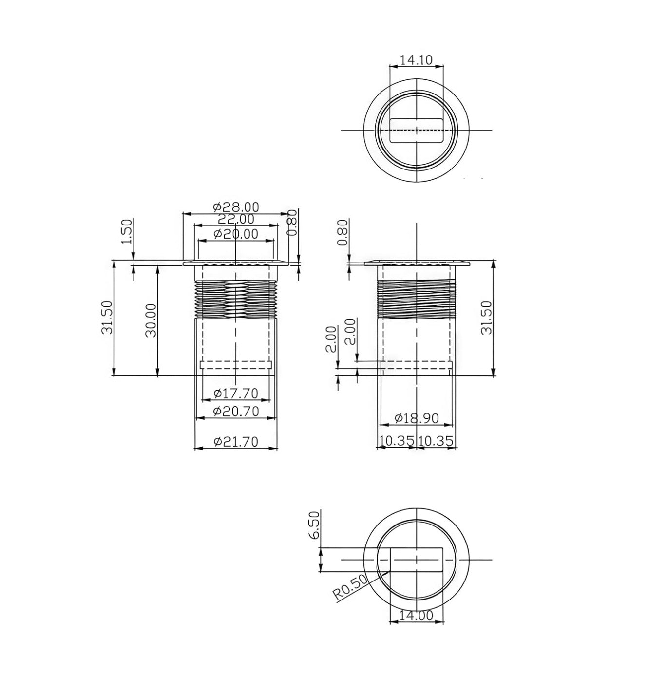 Mini USB Round Recessed Extension Cable, Mini 5Pin Flush Mount Male to Female Panel Mount Extender | for Boat Dashboard Desktop