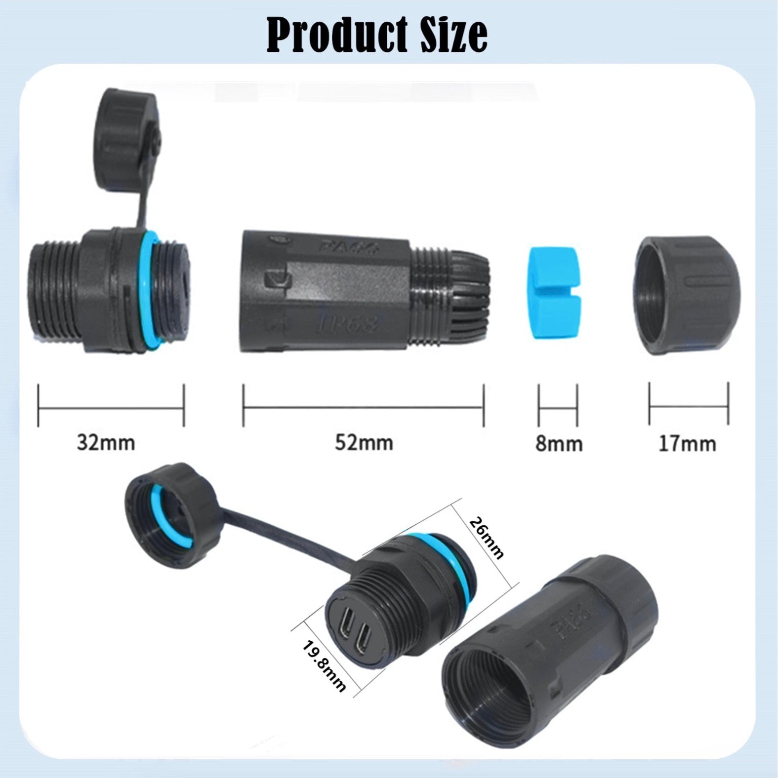 USB C Waterproof Connector, Type C Female Panel Mount Adapter | IP68 Outdoor Extender