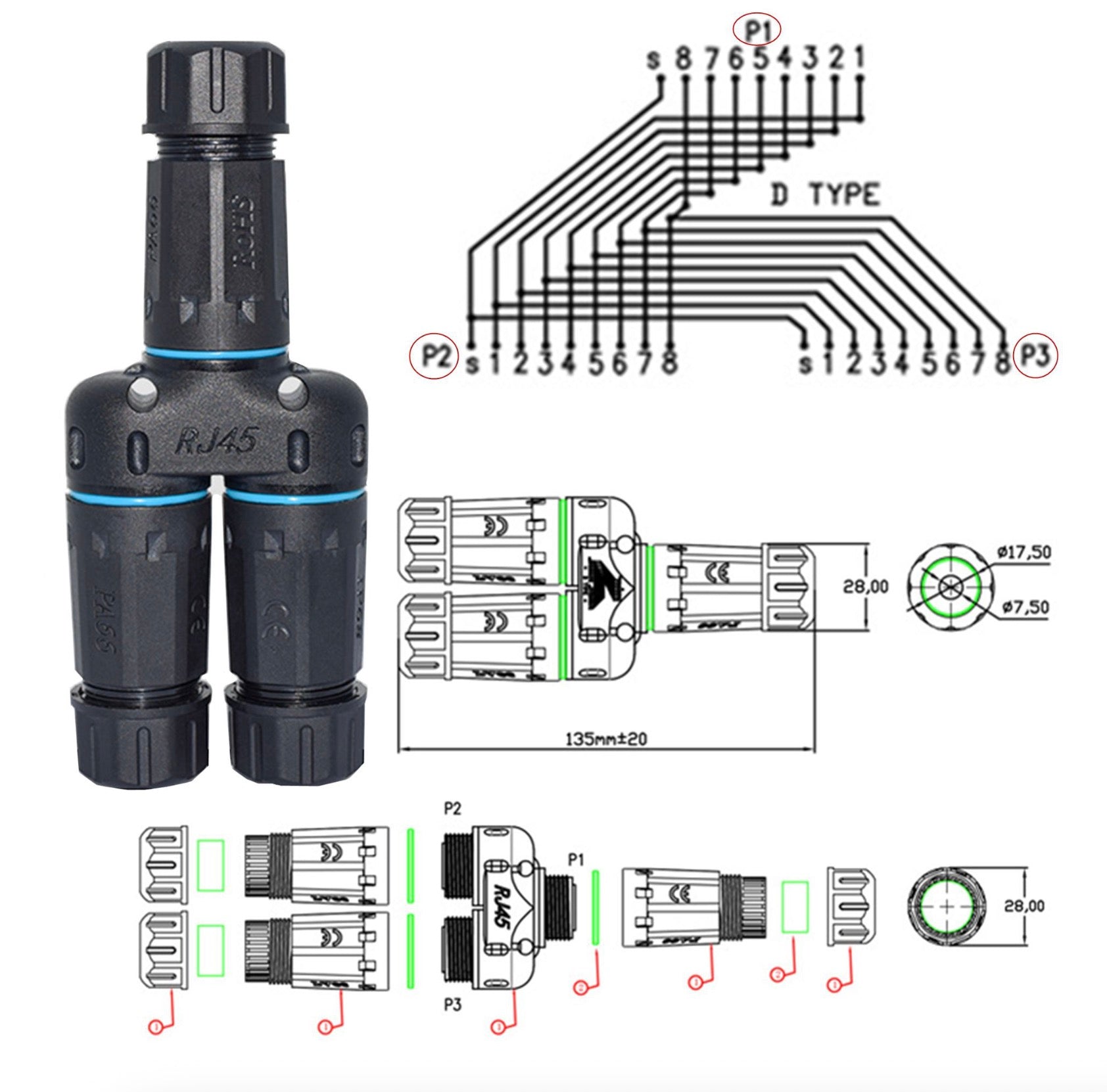 Waterproof RJ45 Coupler, Female to Female 1 in 2 Out Splitter IP68 Ethernet Outdoor LAN Connector Cable