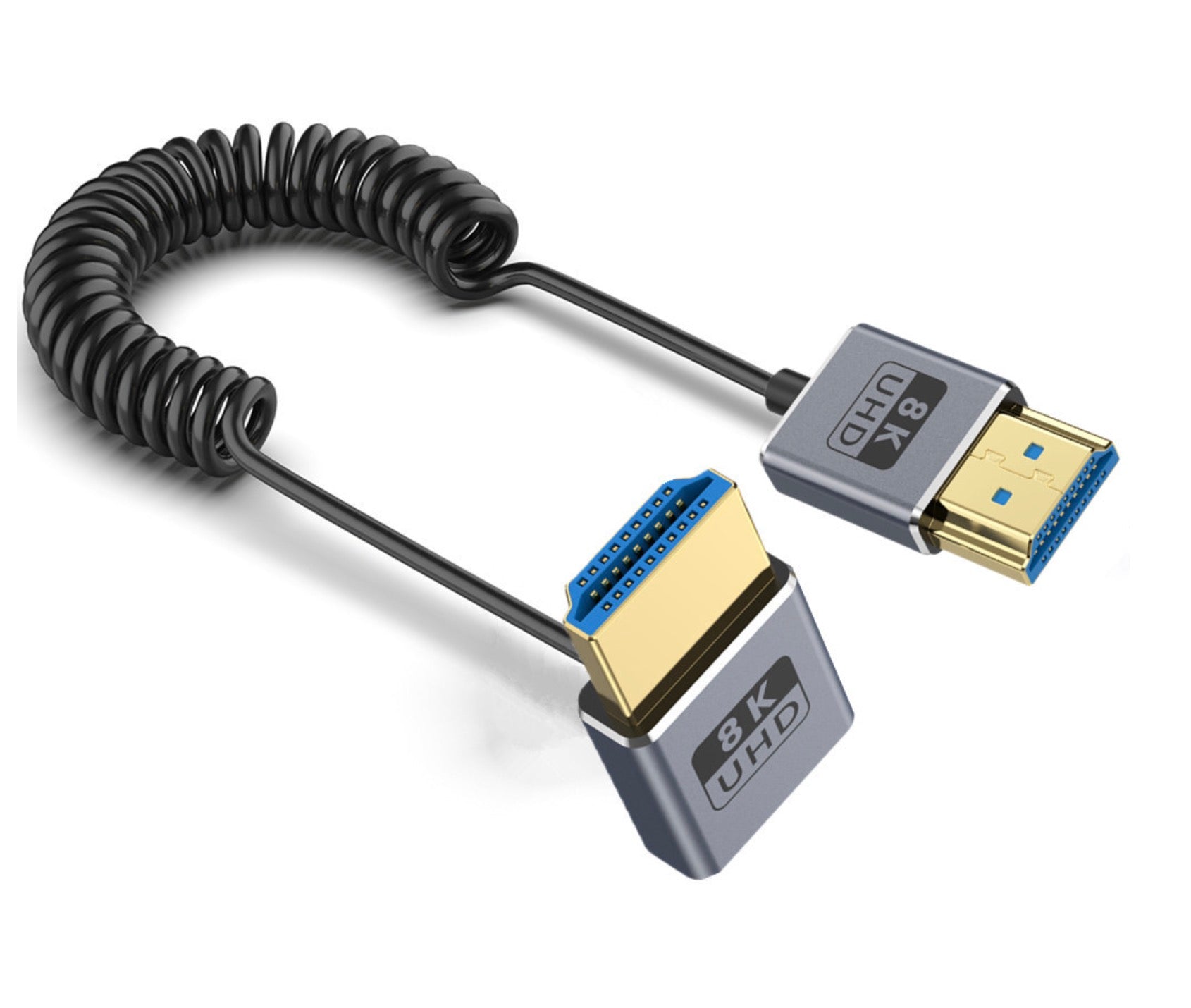 Ultra Thin HDMI 2.1 Coiled Coaxial Cable, Male to Male Flexible Cord | 8K@60Hz | Down Angle