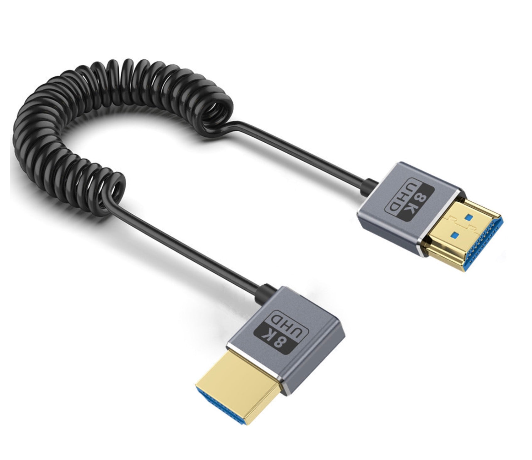 Ultra Thin HDMI 2.1 Coiled Coaxial Cable, Male to Male Flexible Cord | 8K@60Hz | Right Angle