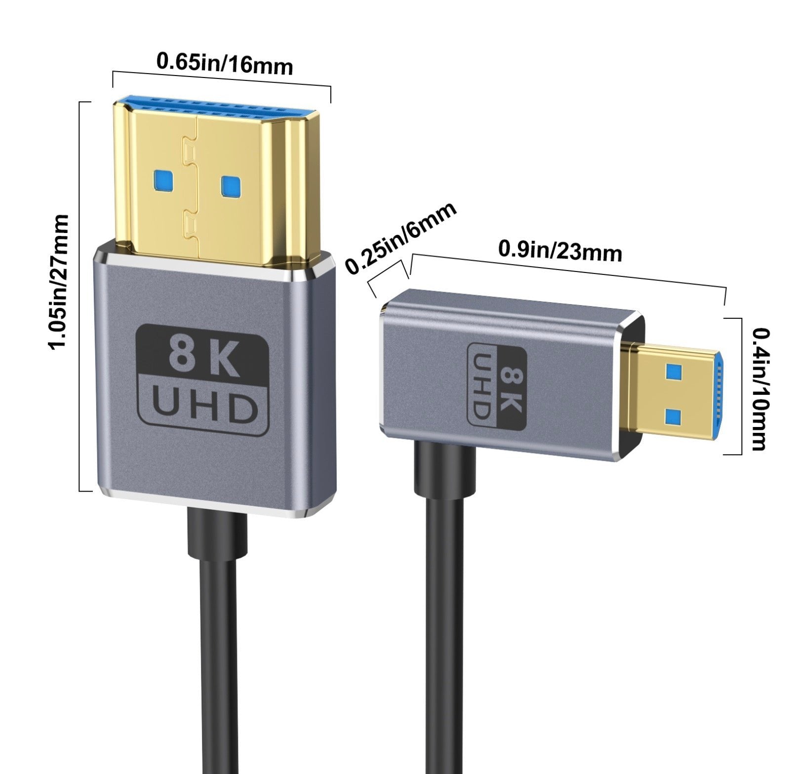Micro HDMI to HDMI 2.1 Extreme Slim Coaxial Cable, Ultra High Speed OD2.5mm Audio Video Angled Cable | 8K@60Hz