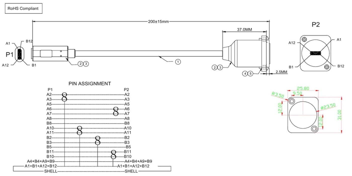 USB C Panel Mount Extension Cable,Type C Female to Female Panel Mount Connector 10Gbps