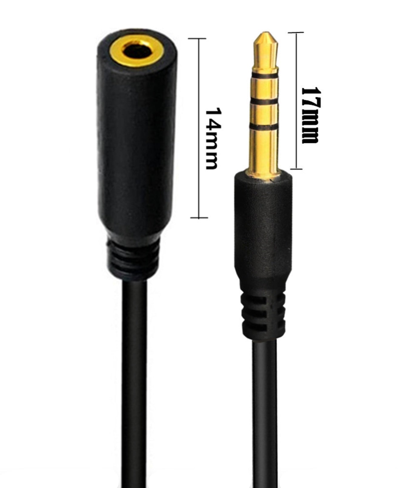 3.5mm 4 Pole Jack Audio Cable, 17mm Male to 14mm Female tip Aux Extension Connector