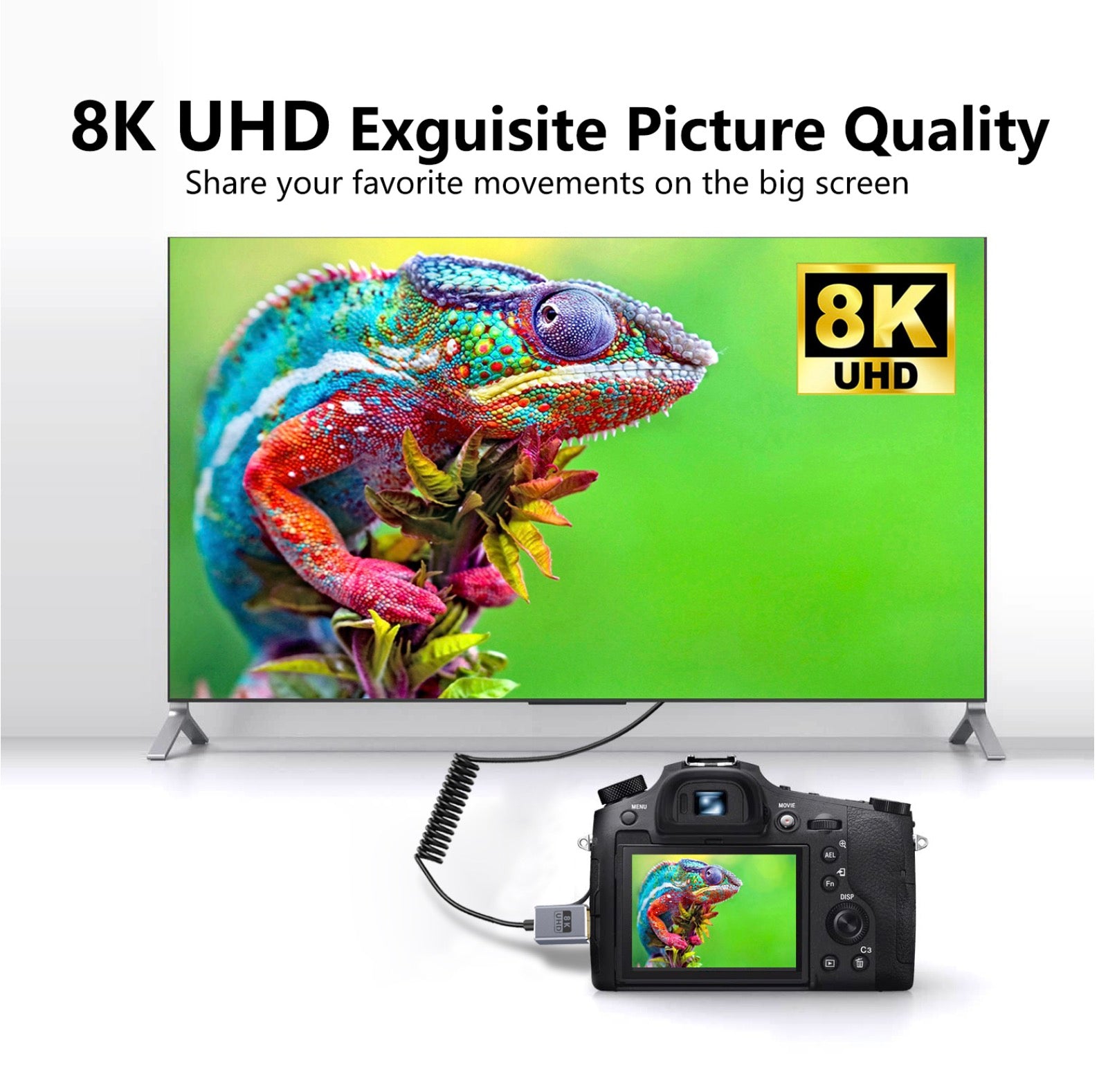 8K Mini HDMI to HDMI Coiled Cable, Ultra Thin HDMI Male to Mini HDMI Male OD2.5mm Audio Video Cable | 8K@60Hz