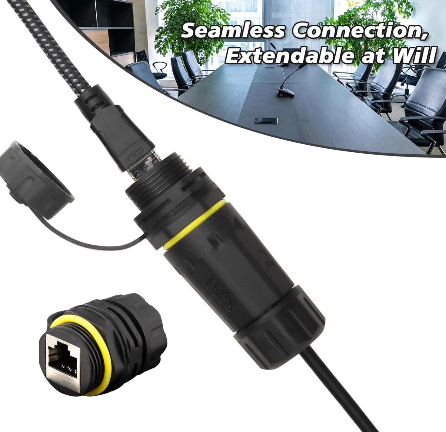 Waterproof CAT7 Adapter, RJ45 Shielded Panel Mount Connector | IP68 Outdoor Ethernet LAN Coupler with Dust Cap