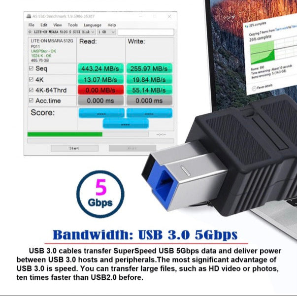 USB C Printer Cable, USB 3.0 Type B Male to USB-C Male Data Extension Adapter 5Gbps