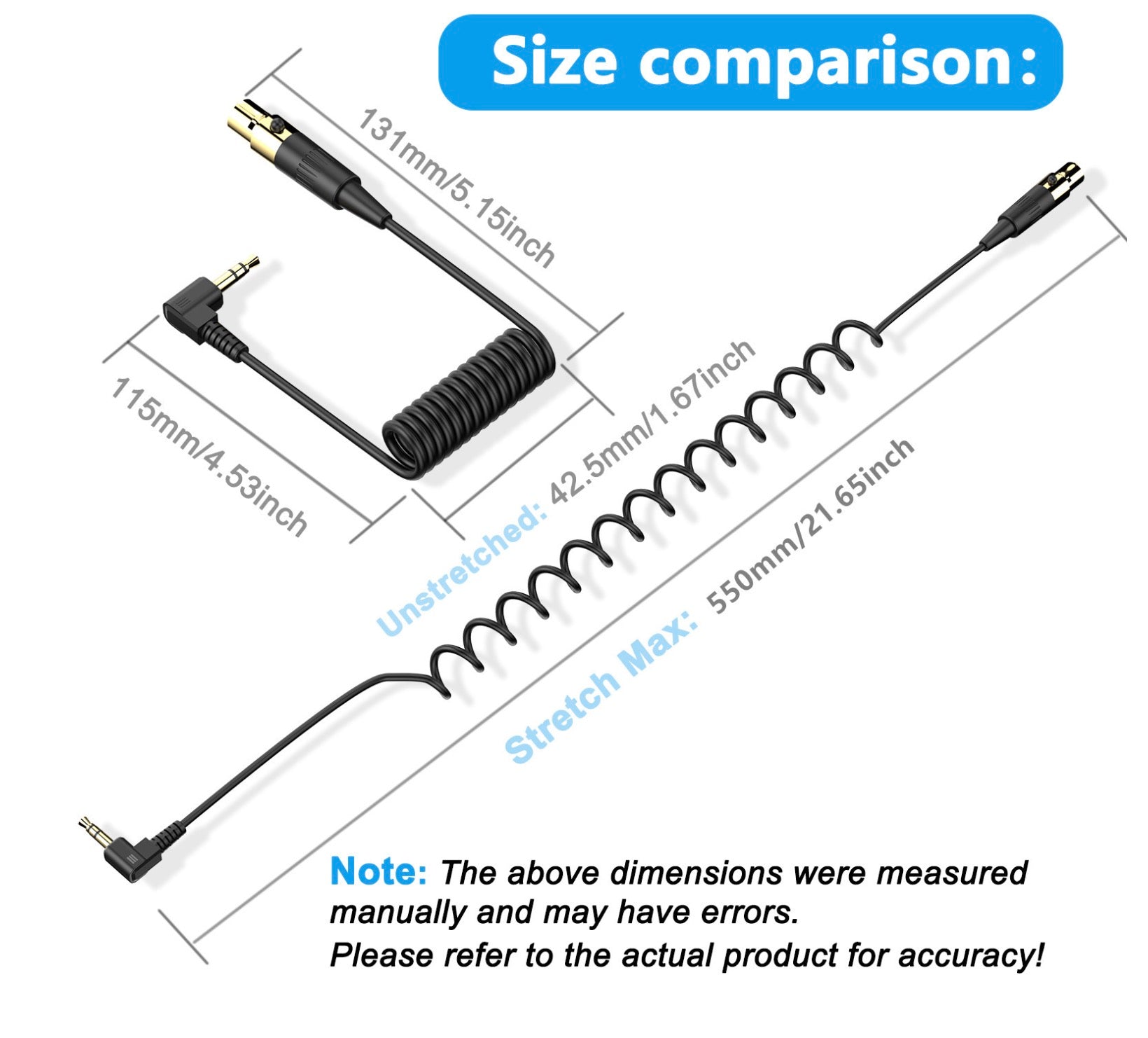 Mini 3 Pin XLR Female to 3.5mm TRS Male PC Camera Microphone Coiled Stereo Audio Cable