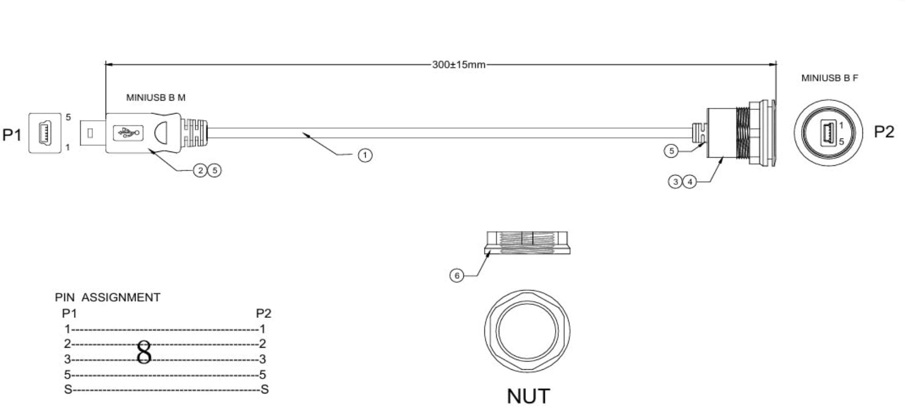 Mini USB Round Recessed Extension Cable, Mini 5Pin Flush Mount Male to Female Panel Mount Extender | for Boat Dashboard Desktop