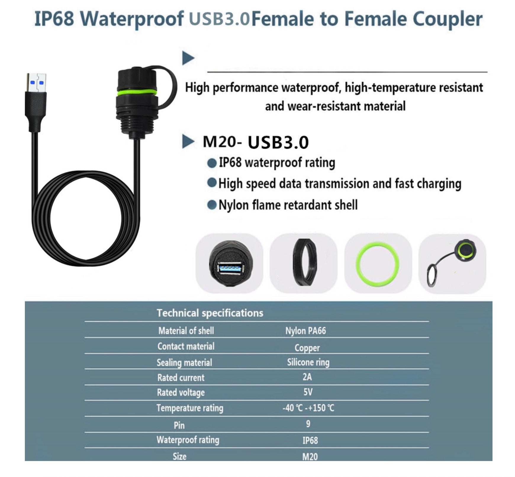 USB 3.0 Waterproof Cable,Type A Male to Female Outdoor USB Pass Through Extension Connector