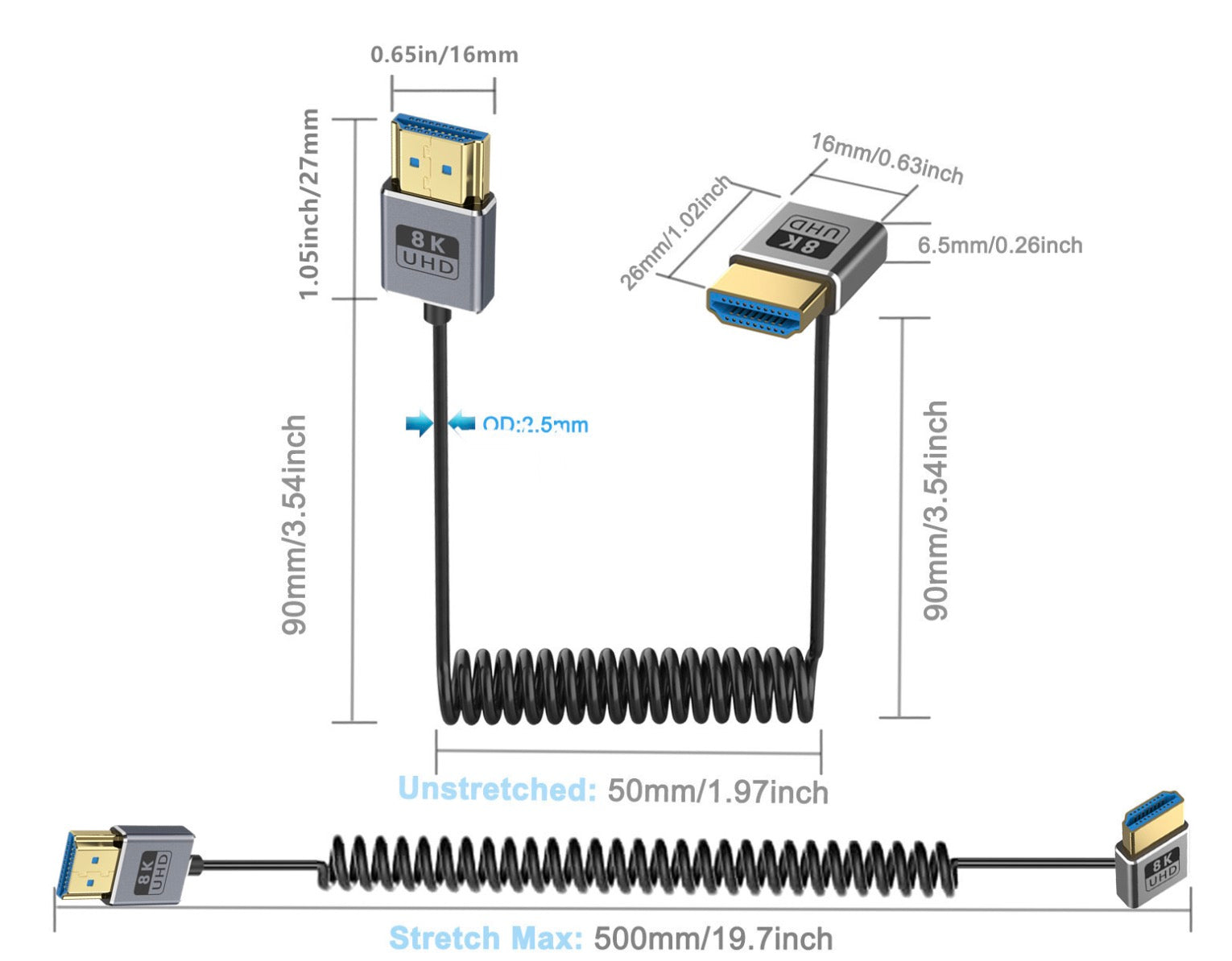 Ultra Thin HDMI 2.1 Coiled Coaxial Cable, Male to Male Flexible Cord | 8K@60Hz | Down Angle