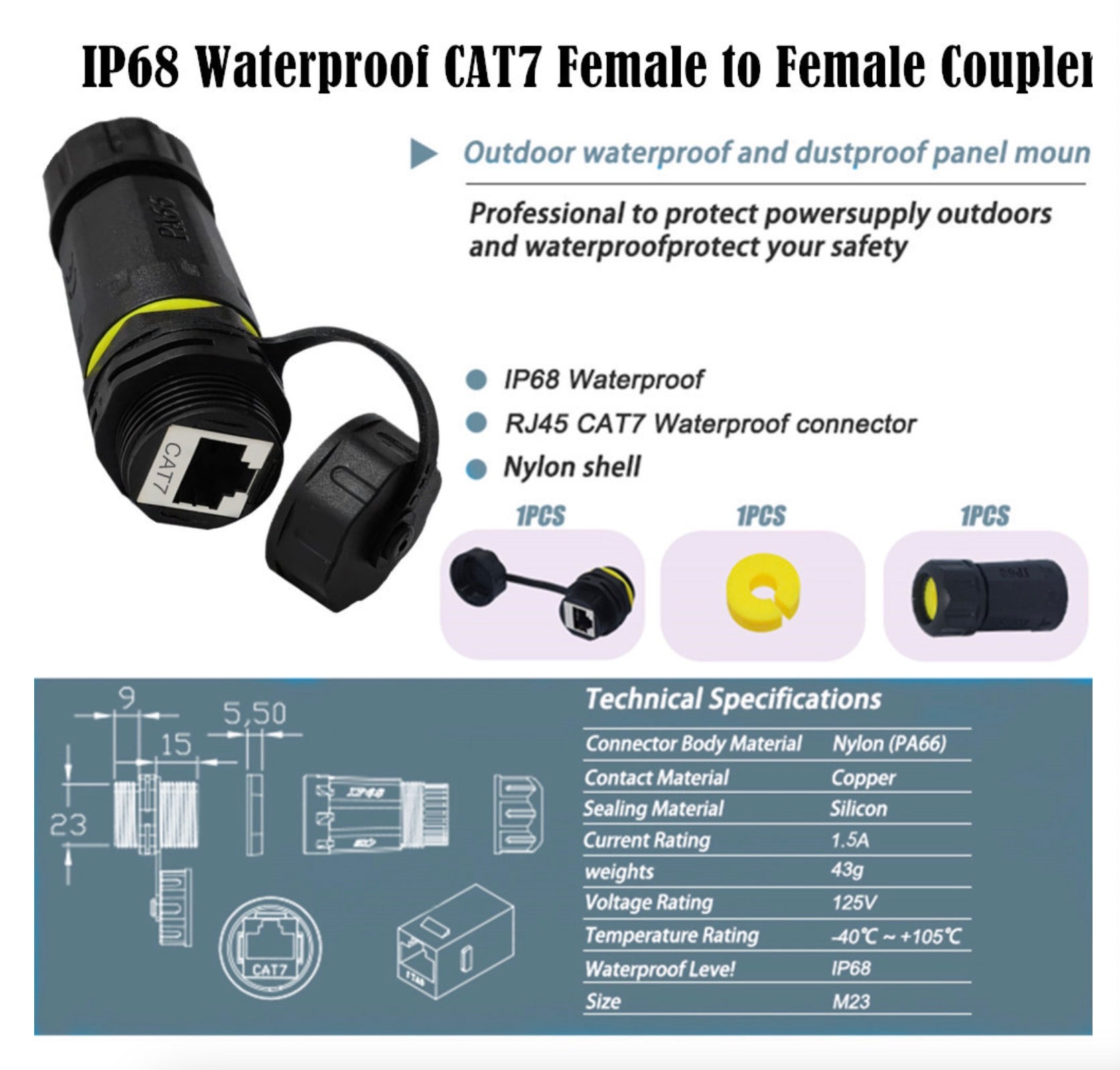 Waterproof CAT7 Adapter, RJ45 Shielded Panel Mount Connector | IP68 Outdoor Ethernet LAN Coupler with Dust Cap